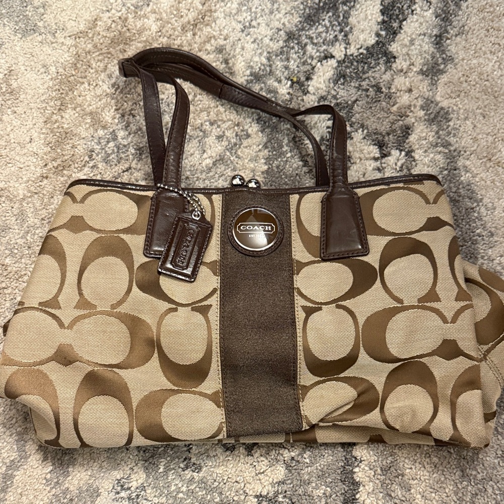Coach Tan and Brown Signature Shoulder Bag